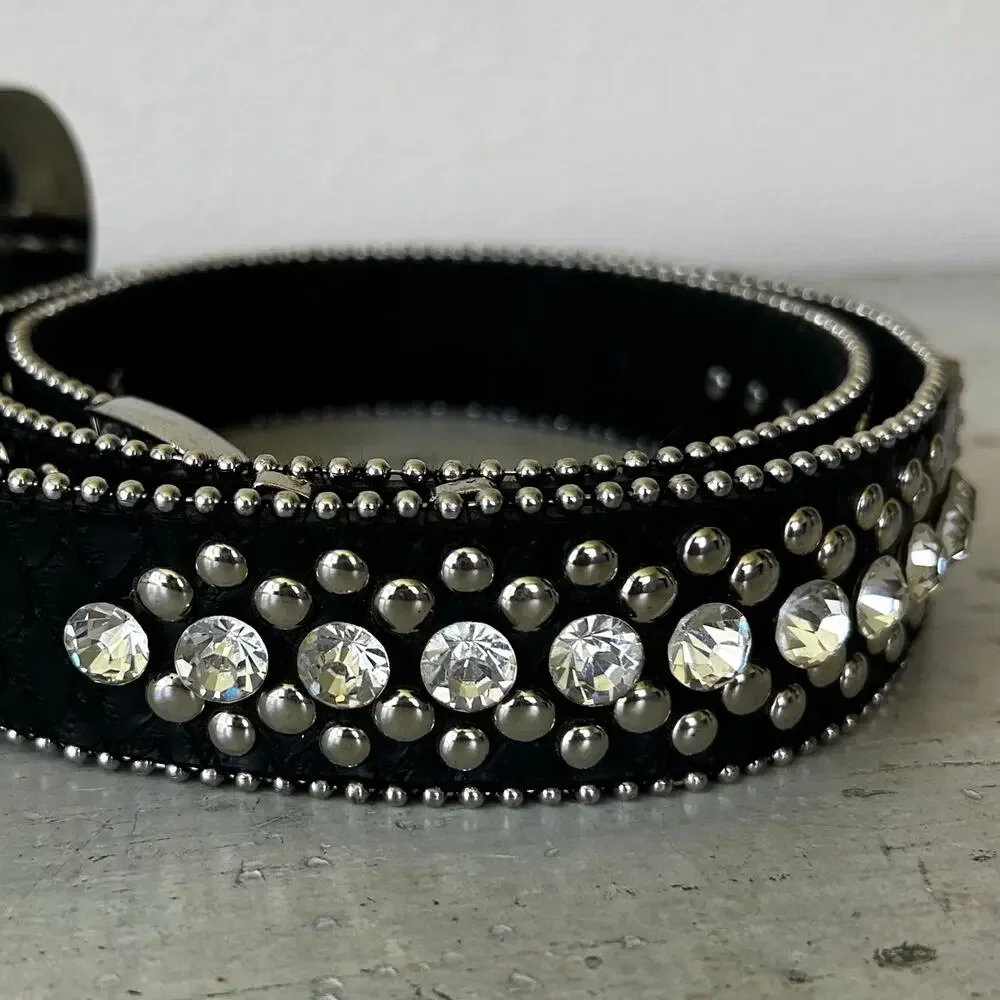 Vintage Rhinestone Studded Leather Bling Western Glam Statement Belt Y2K 34 - 36